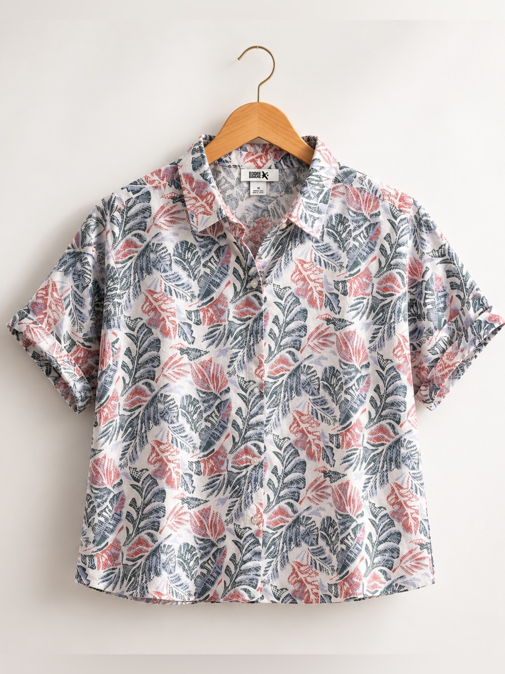 Eddie Bauer Womens Tropical Palm Boxy Button Down Shirt Top Sz M